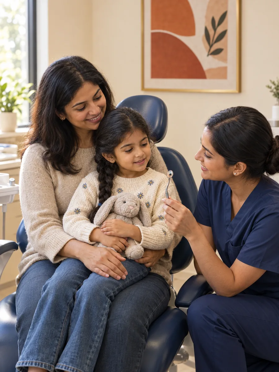 A South Asian mother stands beside her smiling six-year-old daughter, who sits comfortably in a modern dental operatory chair in warm natural light.