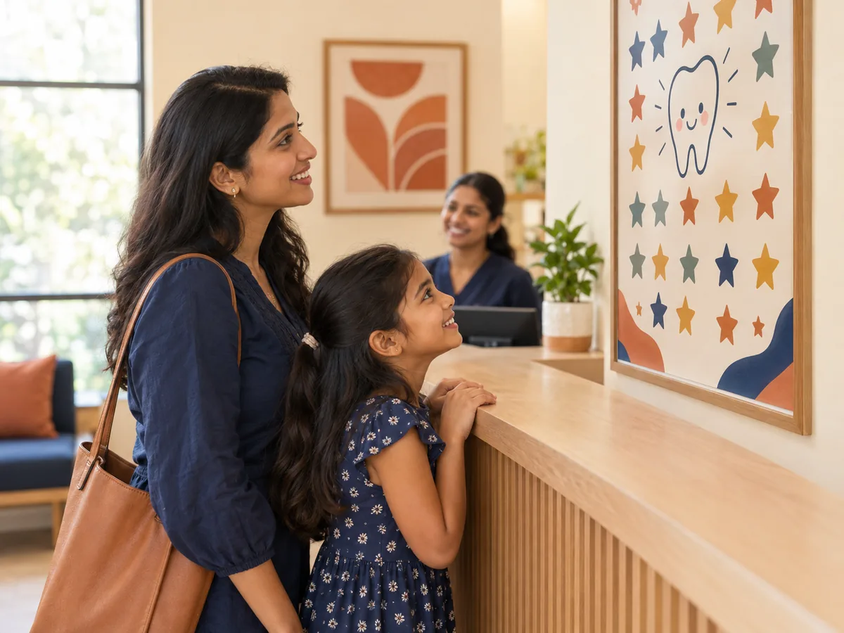 A mother and her young child stand at the reception counter looking at a colorful star chart on the wall in a warm dental clinic.