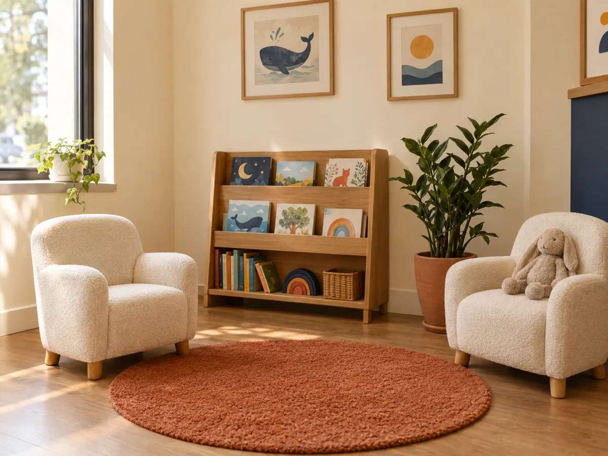 A warm children's waiting nook with two small cream boucle chairs, a low wooden bookshelf of picture books, a terracotta rug and a plush toy.