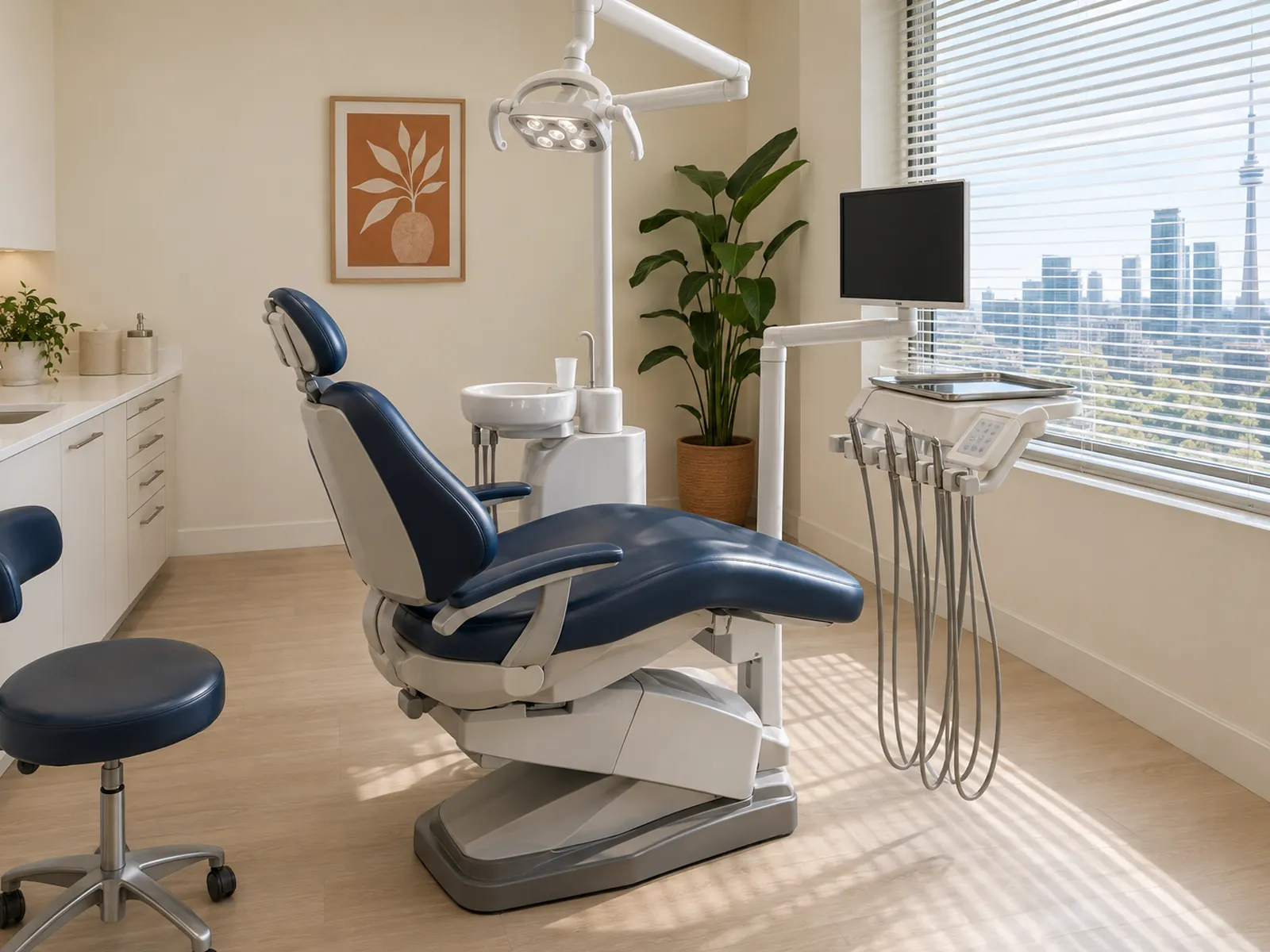 Photorealistic wide shot of a modern minimalist Toronto dental operatory