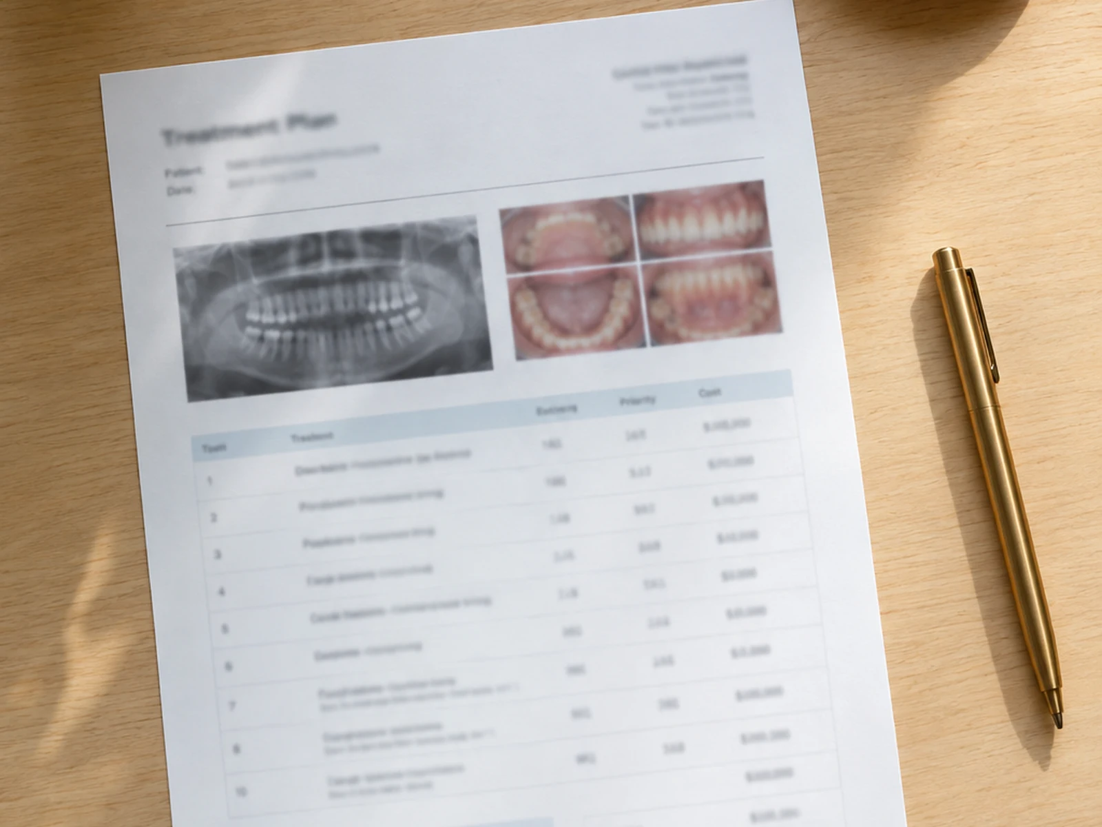 Photorealistic overhead flat lay: a printed dental treatment plan (all text blurred illegible) on a light wood desk with a warm brass pen, a small terracotta ceramic tray holding a single business car