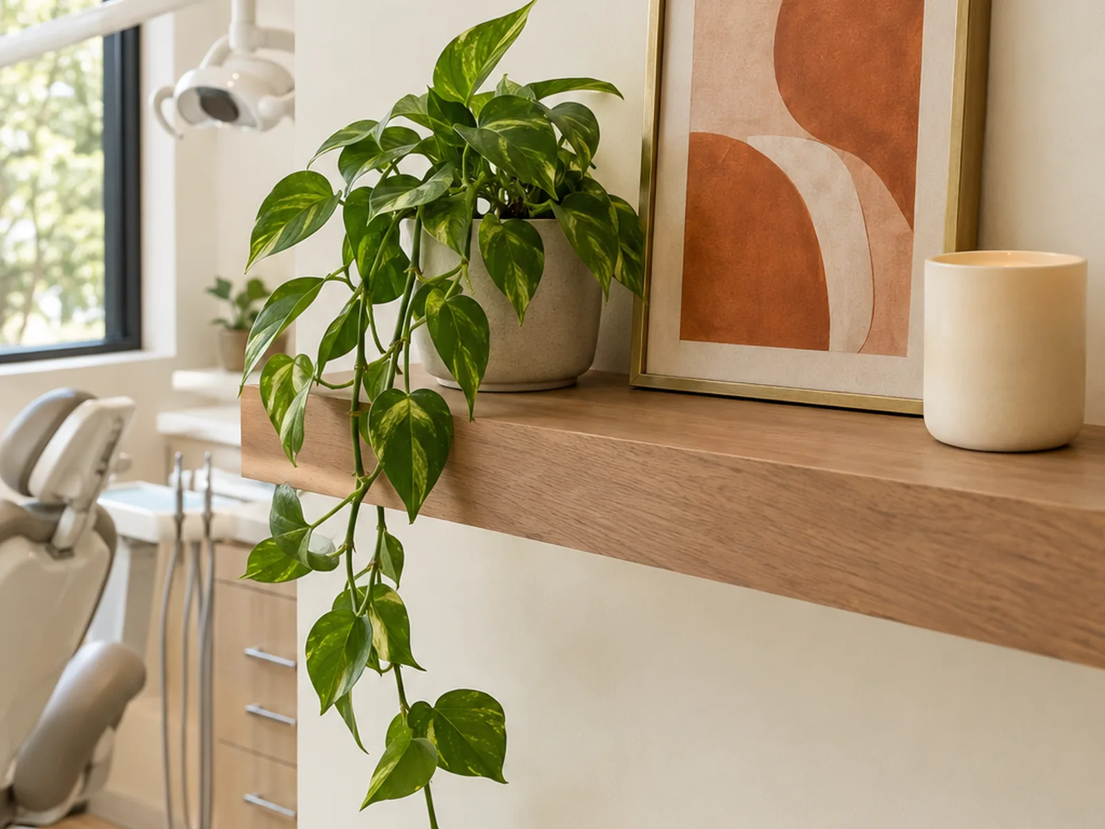 Photorealistic detail — a curated shelf in a modern dental office with a small brass-framed abstract terracotta print, a single trailing pothos plant, a warm cream candle (unlit)