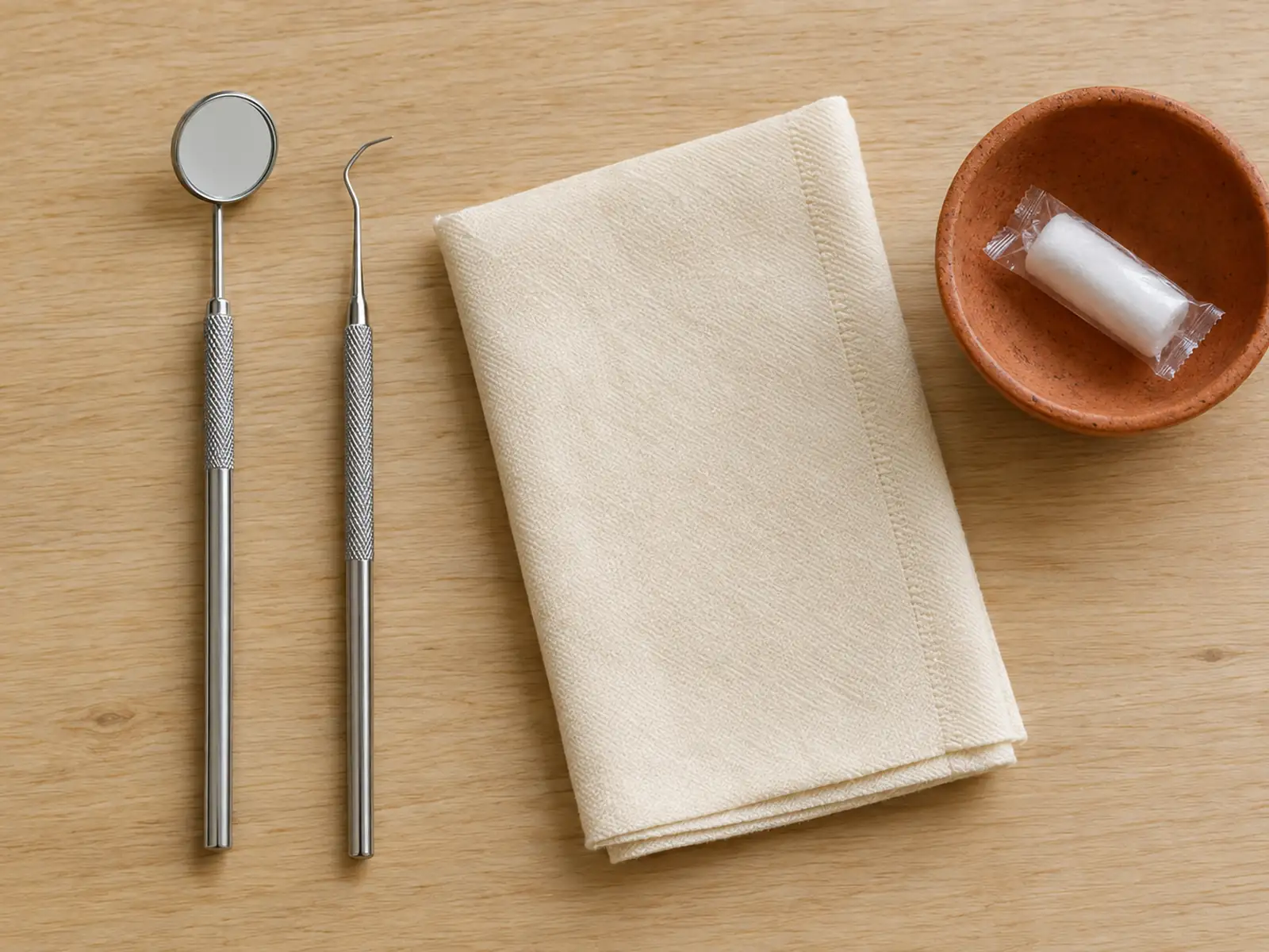 Photorealistic overhead flat lay on light wood — a small clean dental mirror, a probe, and a warm cream napkin arranged neatly
