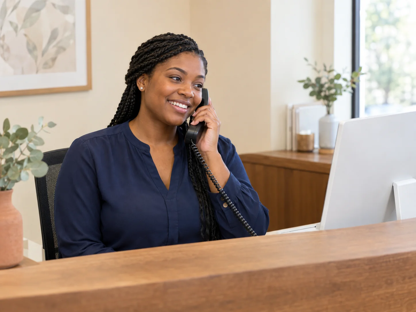 A friendly receptionist speaks warmly on a modern desk phone at a warm wood reception counter in a bright dental clinic.