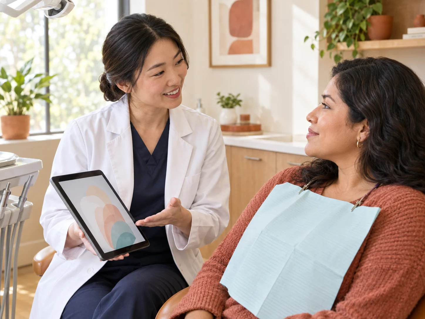 A friendly dentist speaks gently with a calm adult patient in a modern operatory, gesturing toward a small tablet screen.