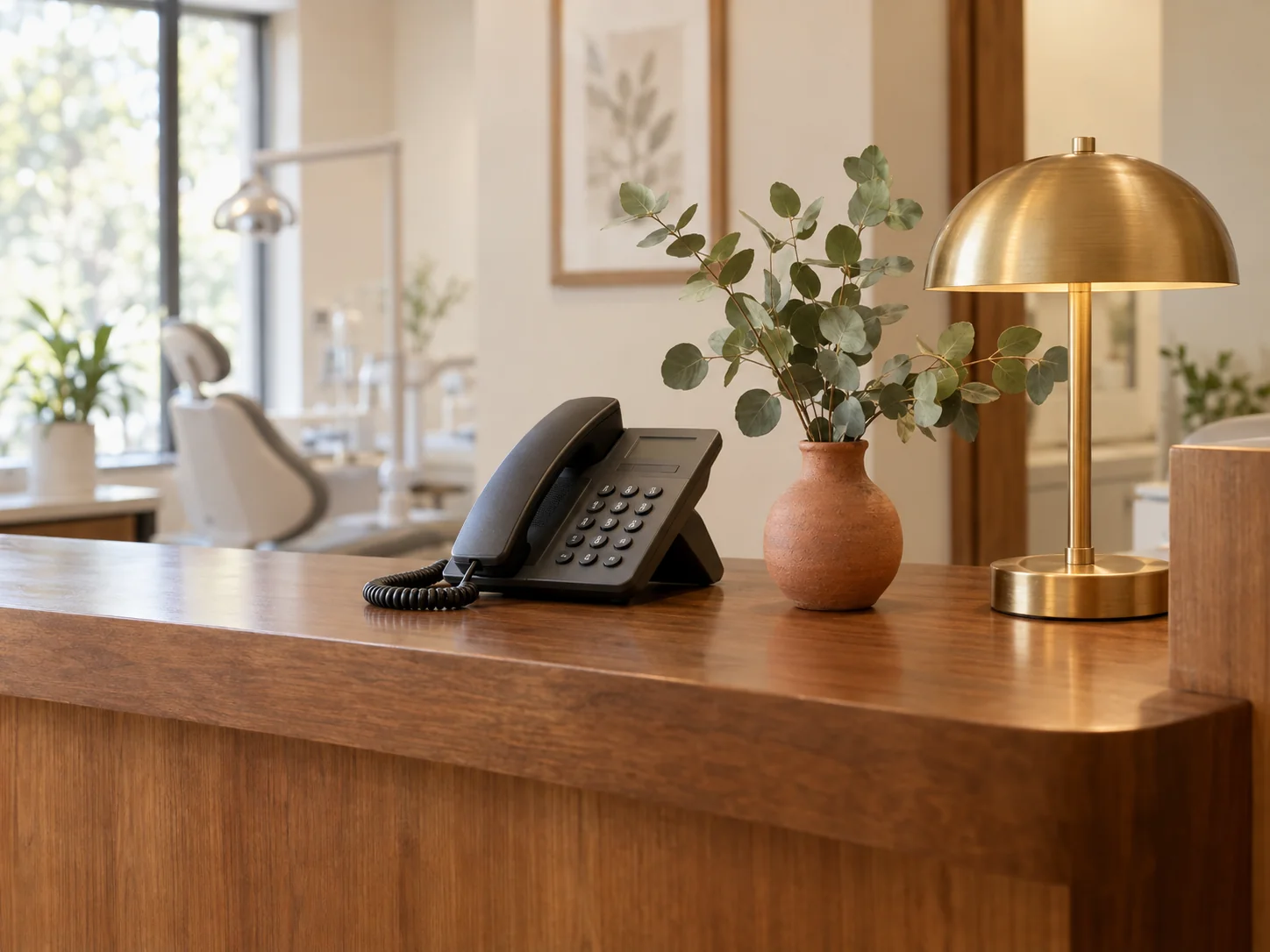 A warm wood reception desk in a modern dental clinic with a phone handset, a small terracotta vase and a warm brass table lamp.