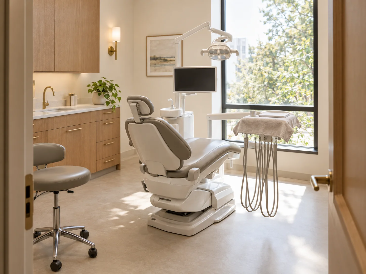 A clean, calm, ready modern dental operatory with a sleek chair, warm wood cabinetry and soft natural window light.