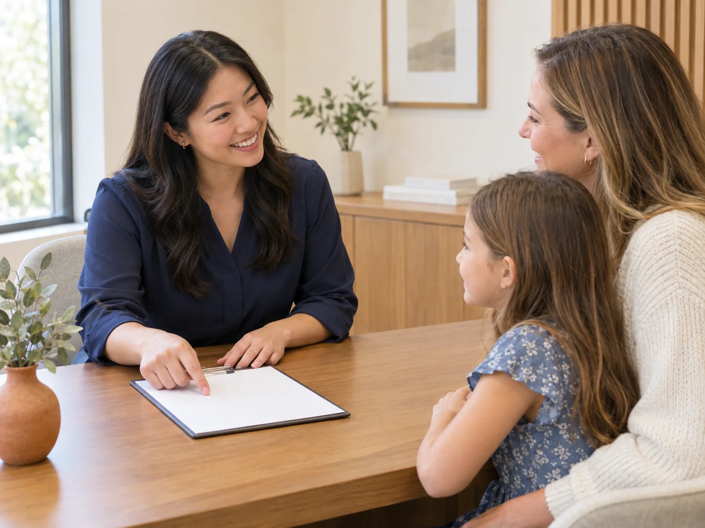 A friendly treatment coordinator sits with a smiling parent and child at a warm wood desk, reviewing a treatment plan together.