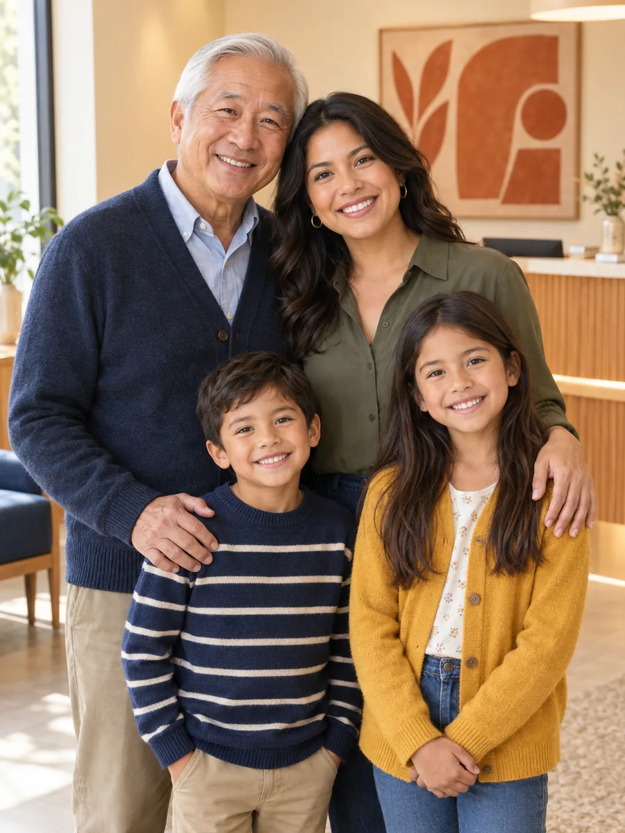 A mixed-race family of four smiles together in a warm dental clinic waiting area in soft natural light.