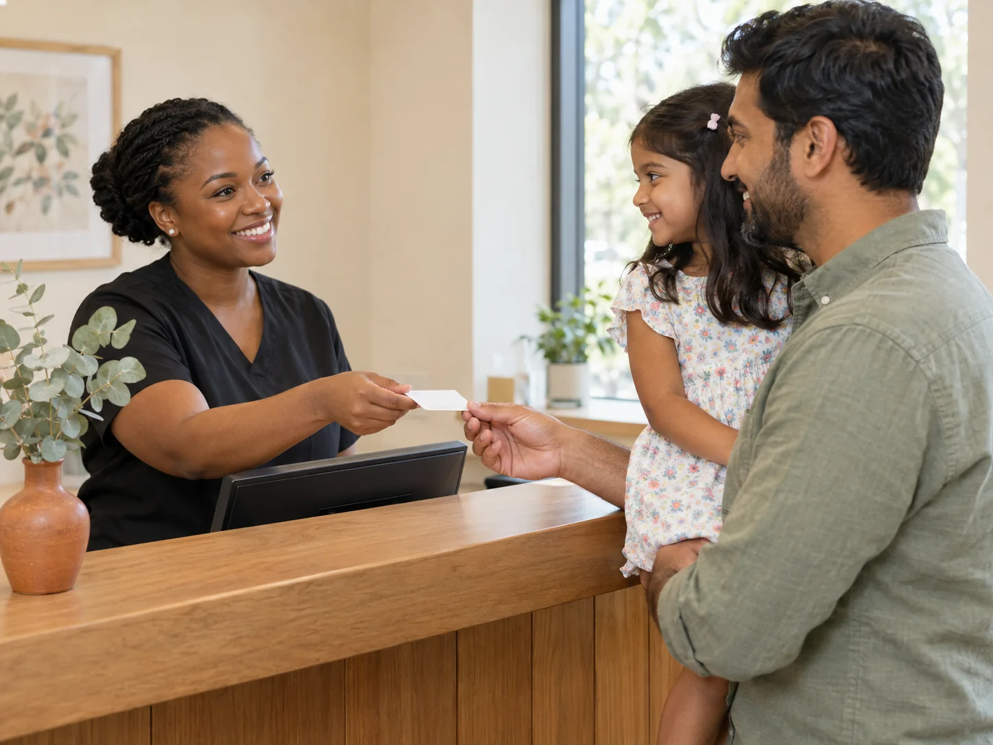 A warm reception team member hands an appointment card to a smiling parent holding a small child at a warm wood reception counter.