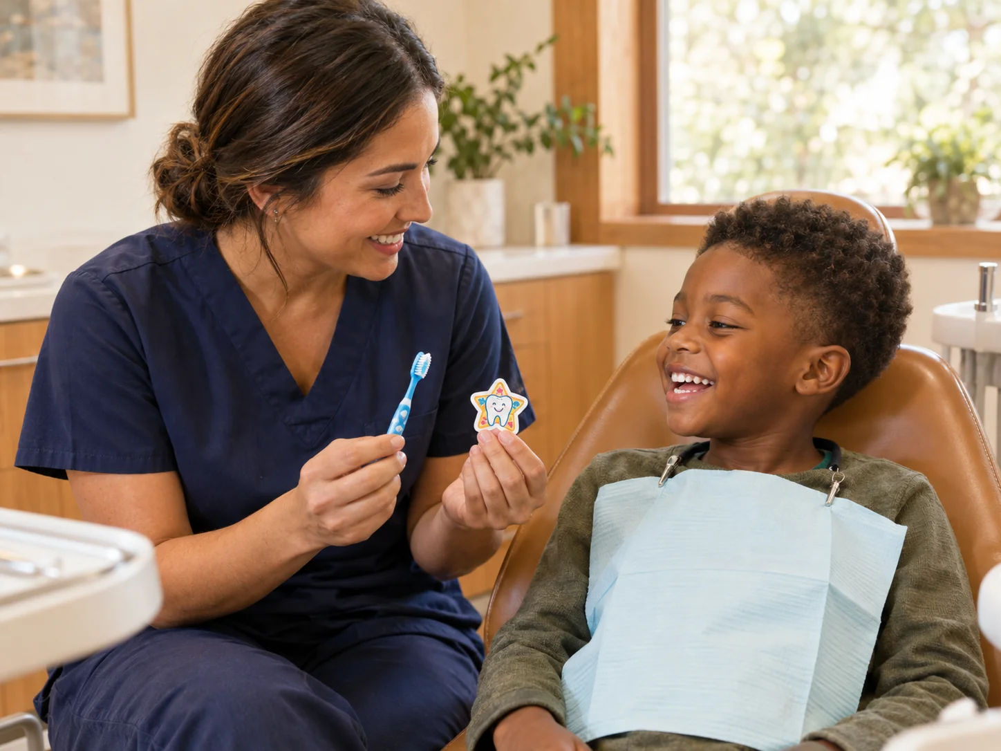 A dentist sits at eye level beside a smiling young child in a dental chair, showing them a toothbrush and colorful sticker.