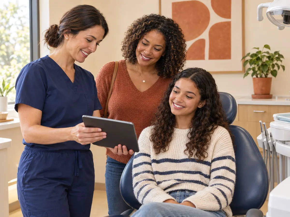 A dentist reviews information on a tablet with a mother and her teenage daughter seated in the dental chair.