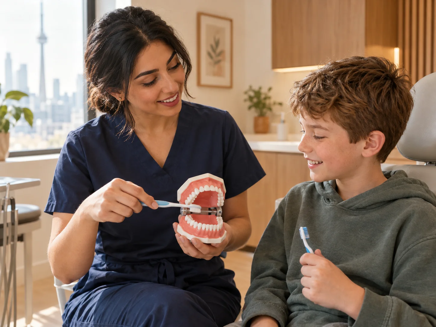 A friendly dental hygienist teaches proper brushing technique to a smiling child holding a toothbrush and a demonstration jaw model.