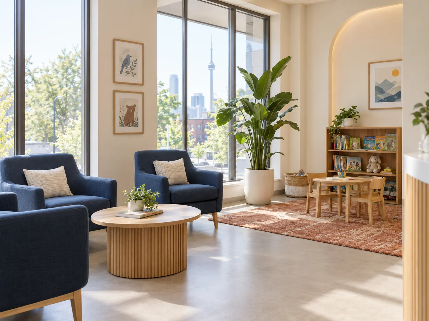 A bright family-friendly dental waiting room with navy armchairs, a kids corner with picture books and a soft terracotta area rug.