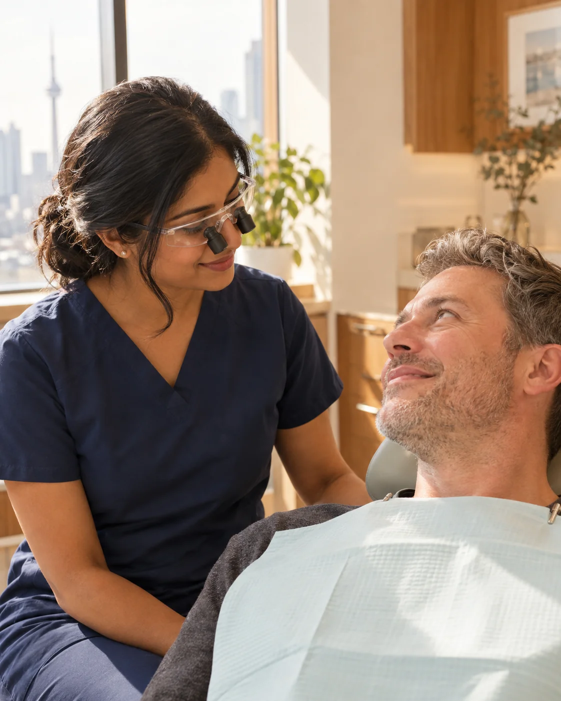 A calm dentist in navy scrubs leans in reassuringly toward a relieved-looking patient in the dental chair in a bright modern operatory.