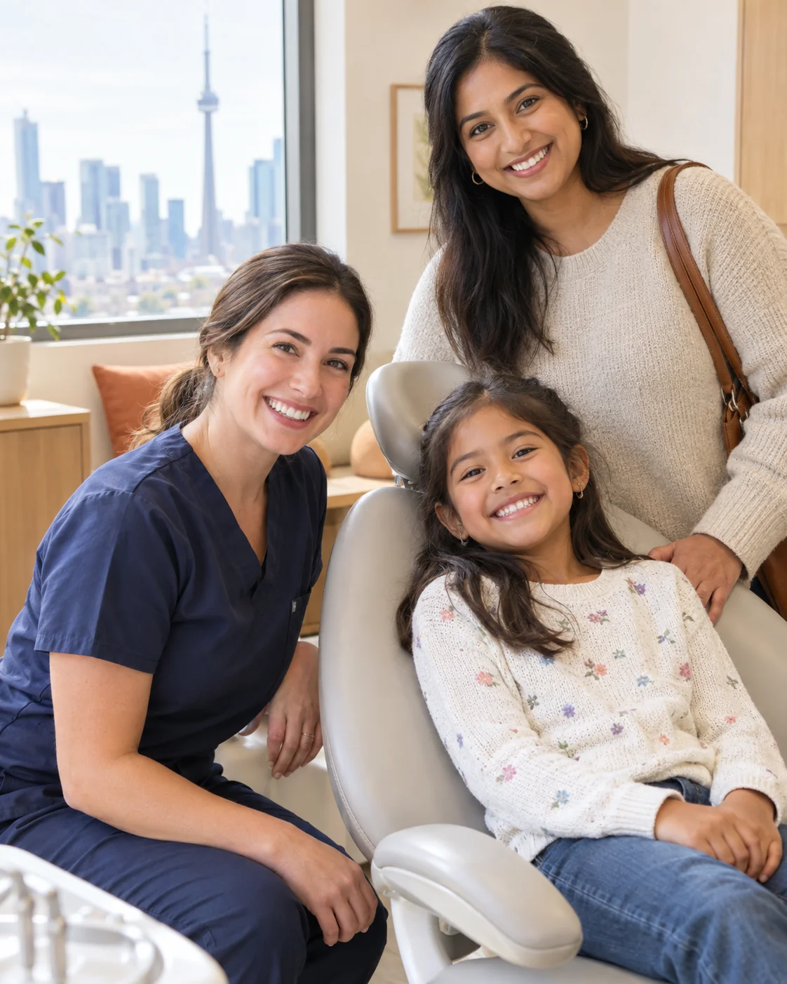 A family dentist kneels beside a smiling young child in a dental chair while a smiling parent stands beside them in a bright warm operatory.