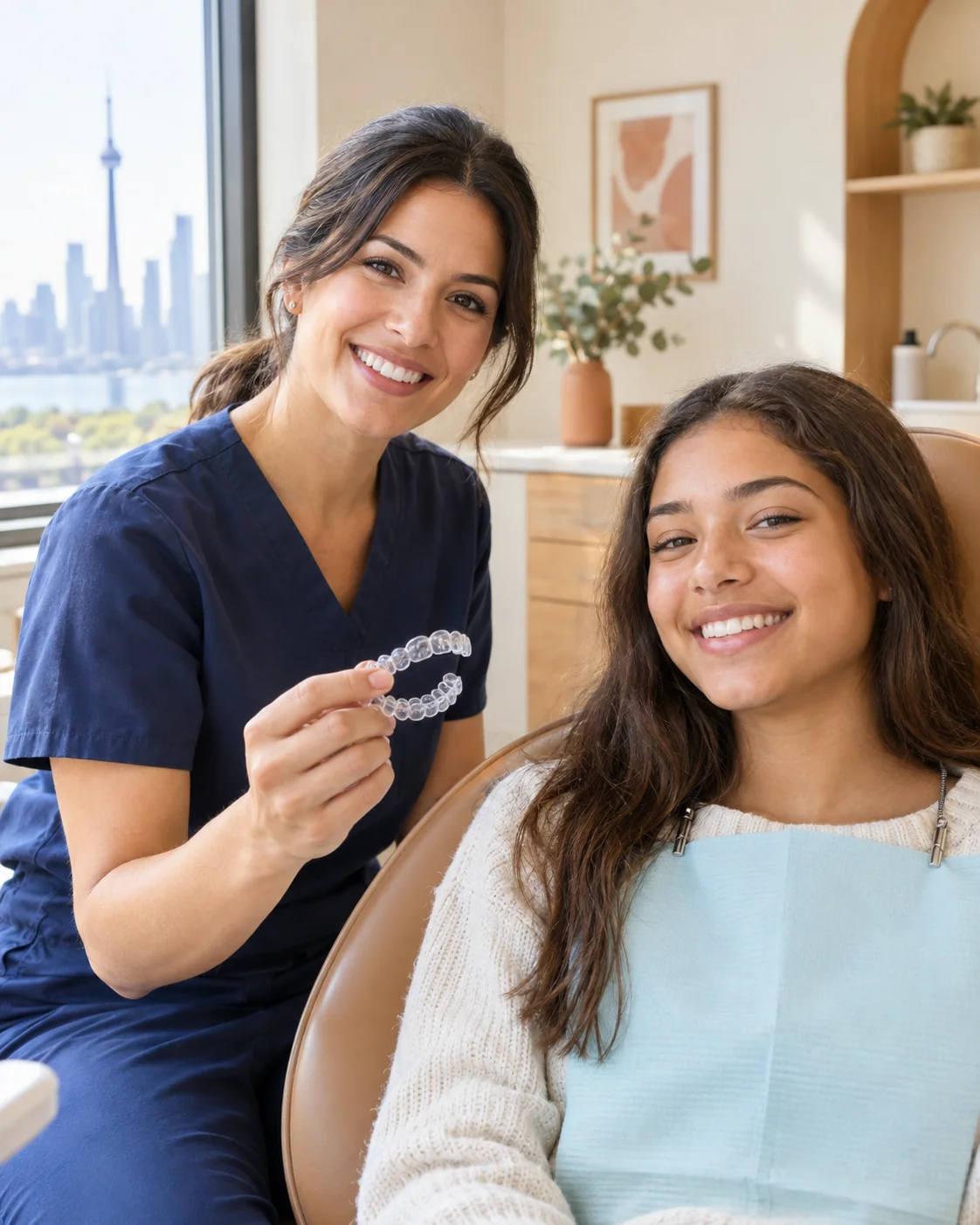 A dentist in navy scrubs holds a clear aligner tray while a smiling patient looks on in a bright dental operatory.