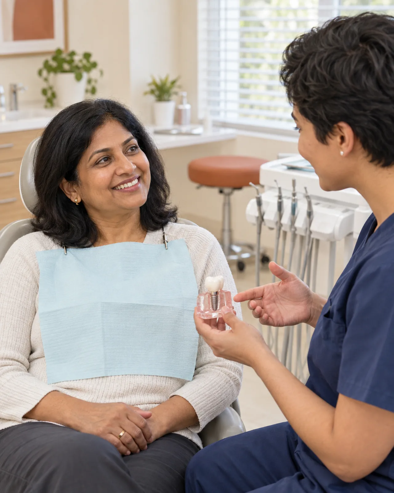 A dentist in navy scrubs holds a small implant model while a smiling patient looks on in a bright, warm dental operatory.