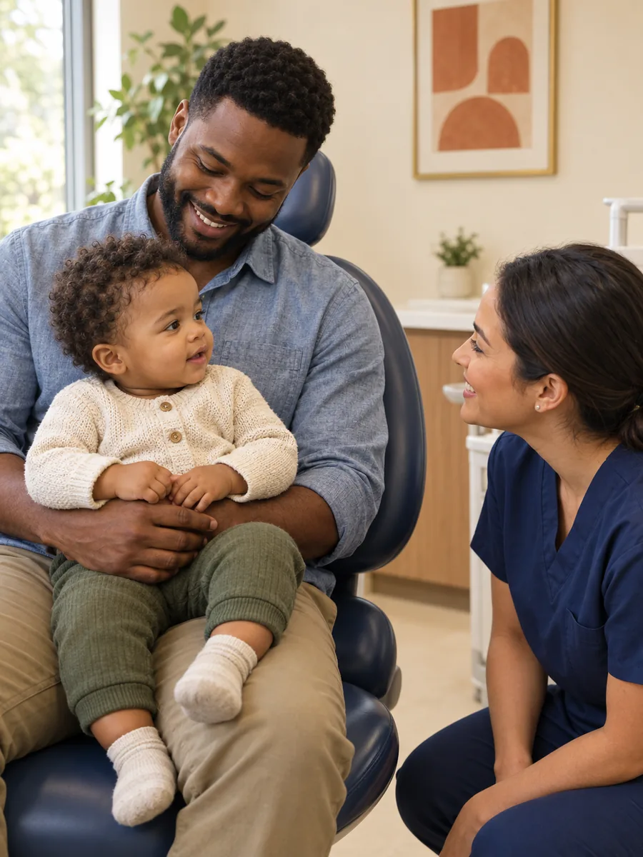 A Black father cradles his smiling infant in his arms, seated in a warm dental clinic in soft natural window light.