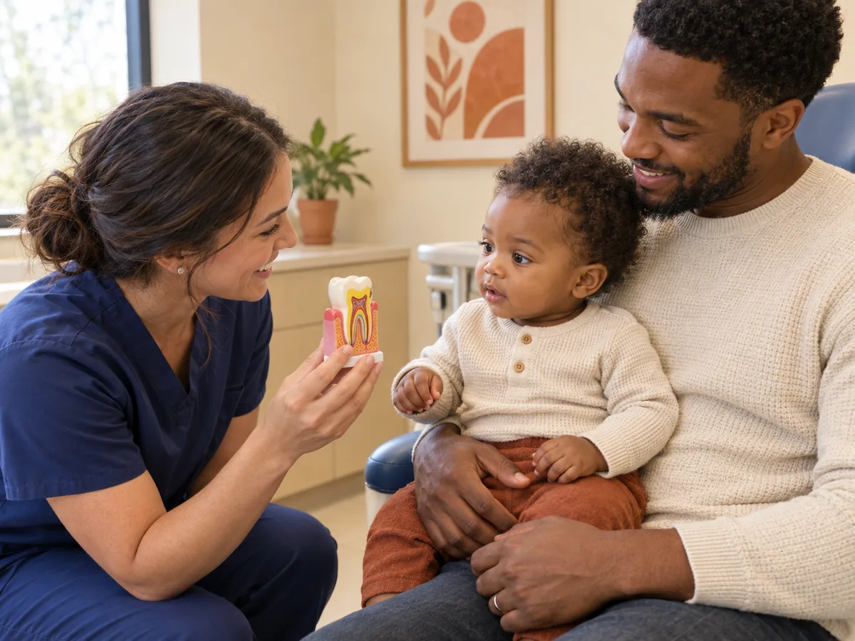 A dentist kneels at eye level with a Black father holding his one-year-old, showing the child a small colorful plastic anatomical tooth model.