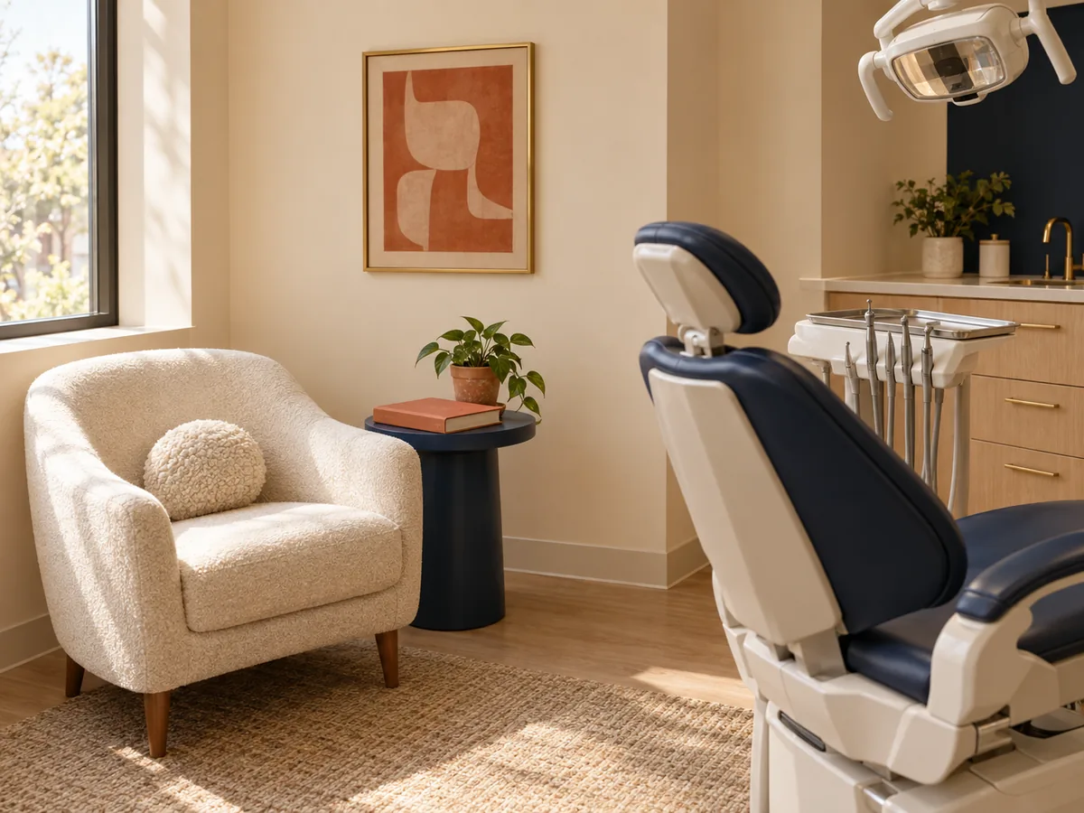 A calm dental operatory corner with a cream boucle armchair, a small potted plant, a picture book and a warm terracotta framed art print.