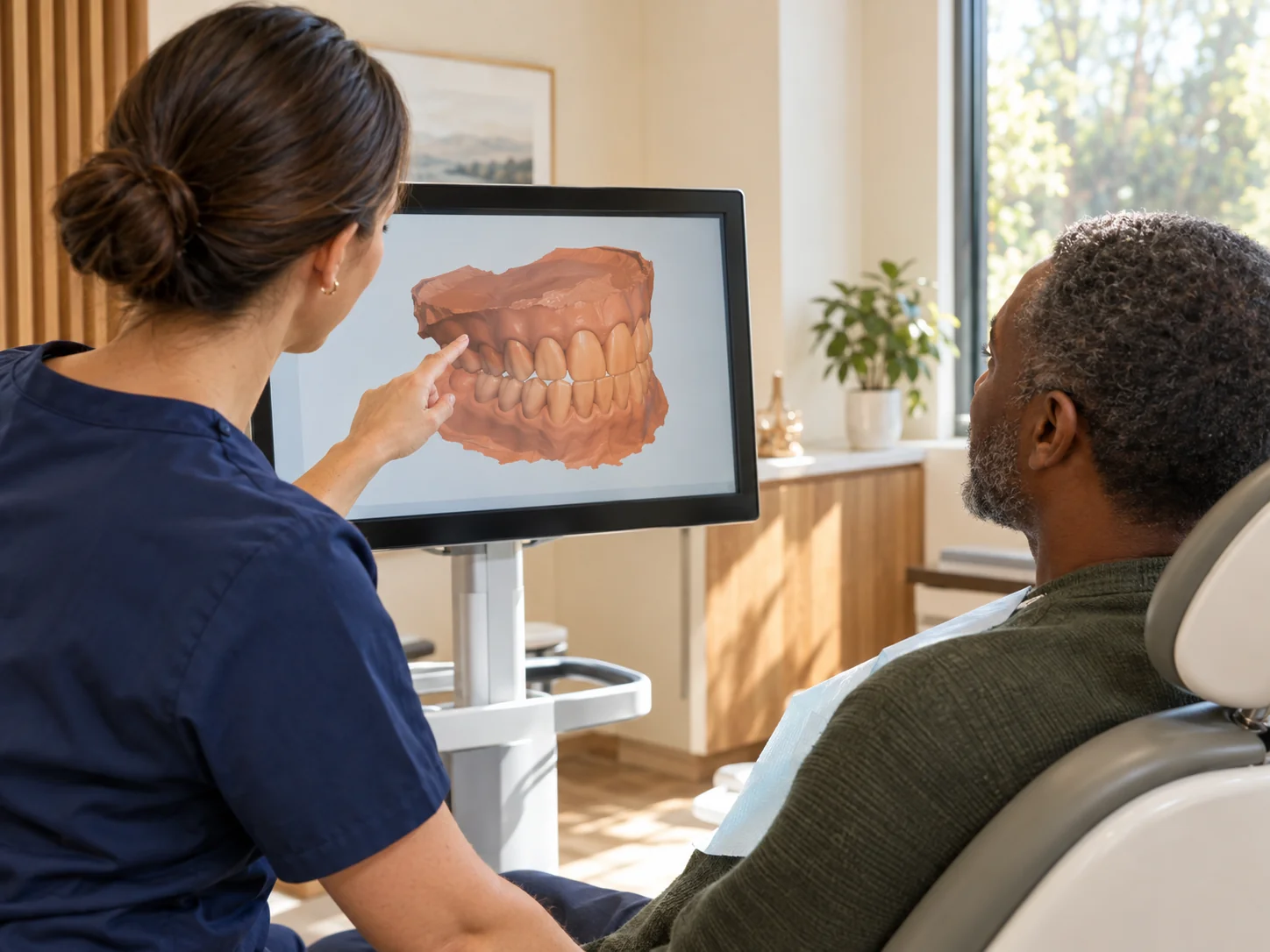 A dentist points to a 3D dental scan on a monitor while explaining a treatment plan to a patient.