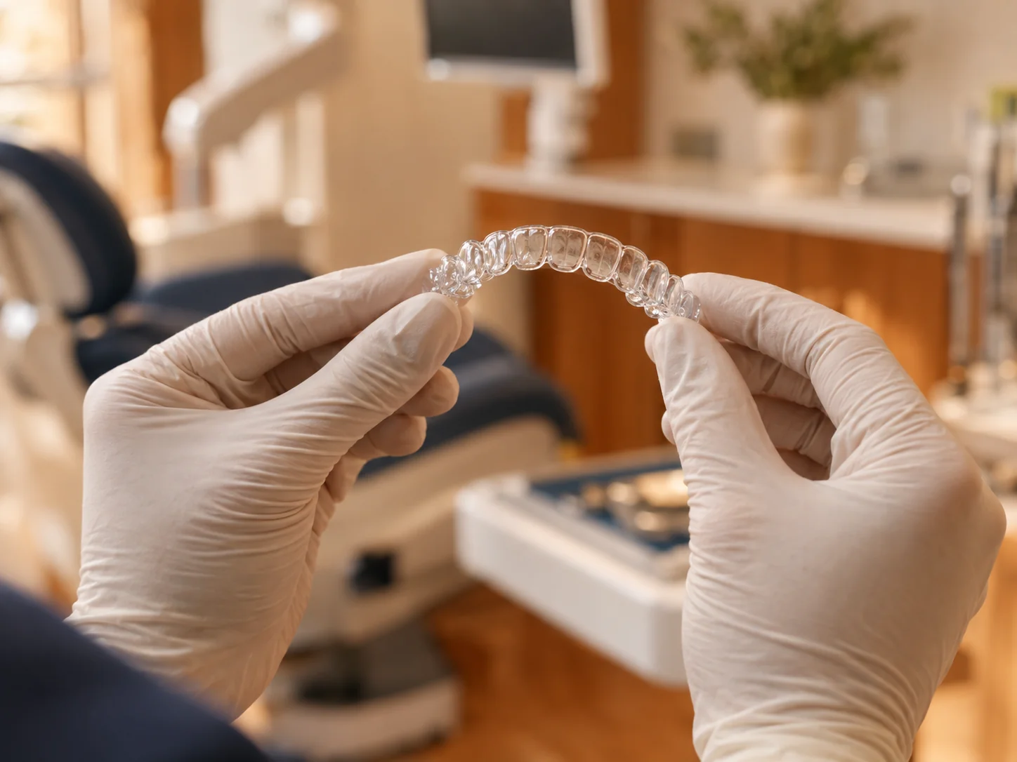 A dentist shows a small orthodontic model to a young patient in a modern operatory.