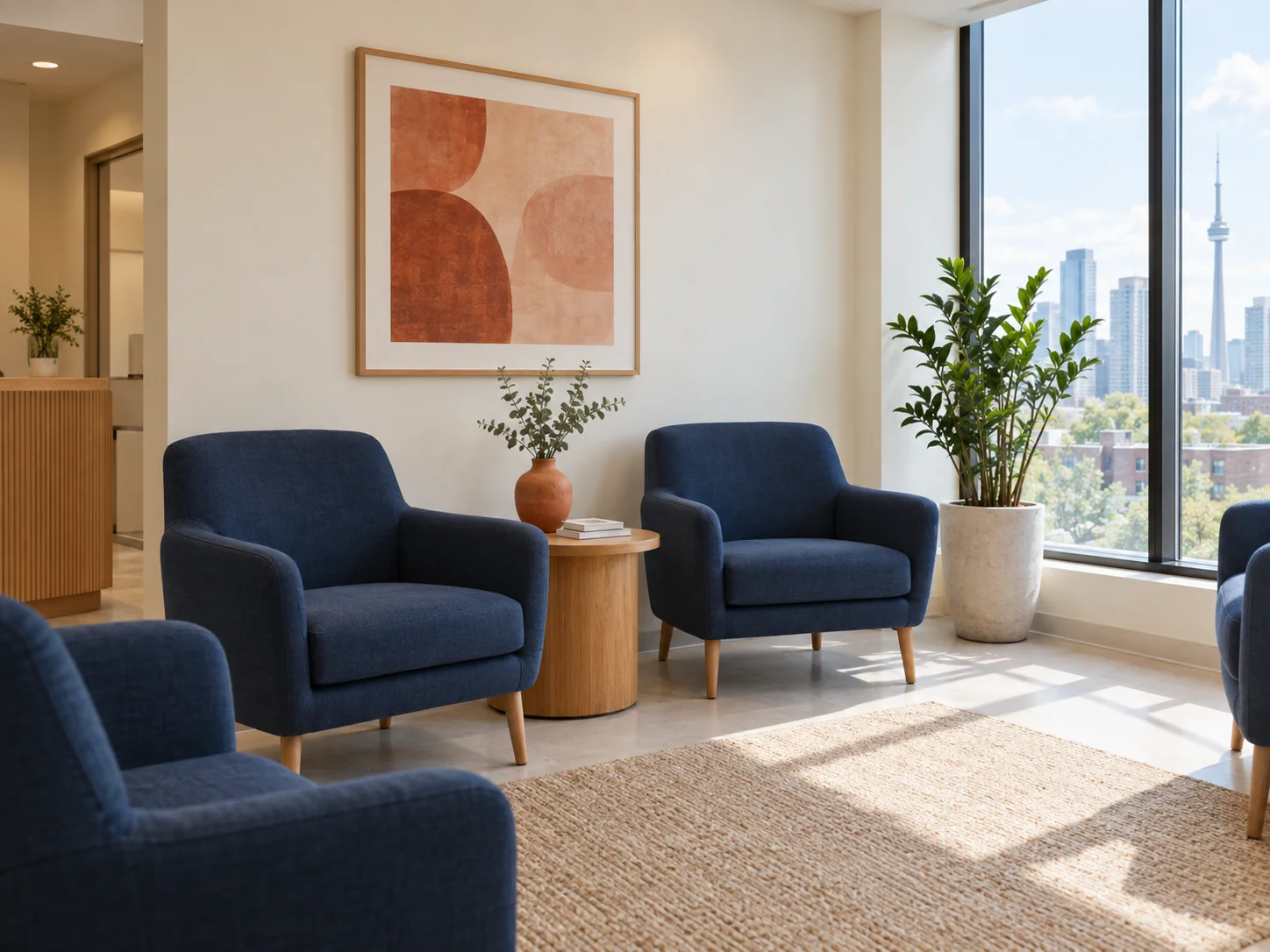 A calm dental clinic waiting area with navy armchairs, warm wood tones and a soft terracotta abstract art print.