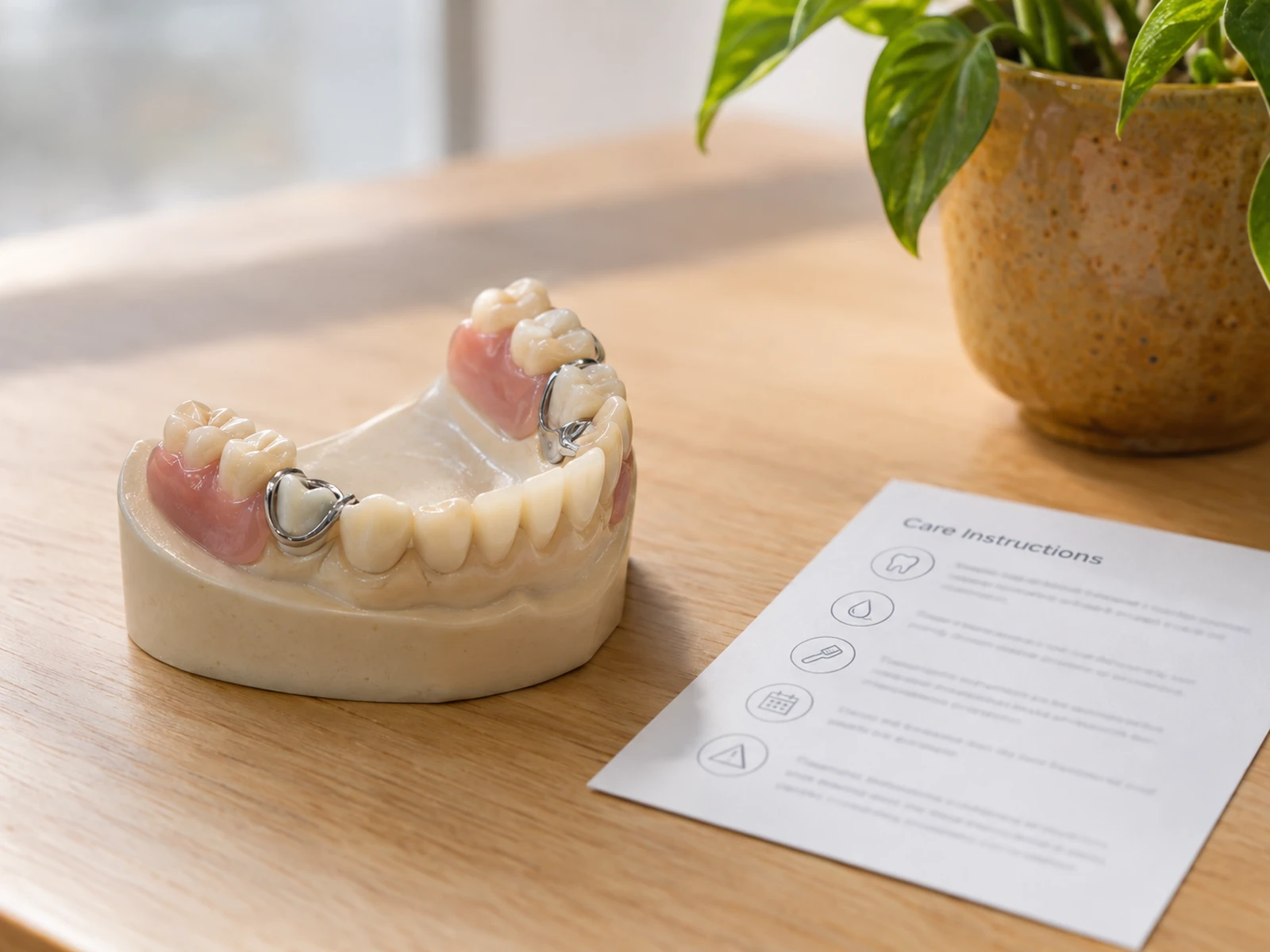 Photorealistic close-up of a light-wood counter with a small anatomical partial denture model, a printed care-instructions card (blurred illegible) and a warm-toned small plant