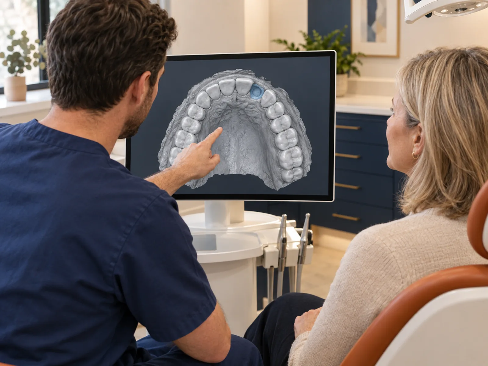 A dentist points to a 3D dental scan on a monitor while explaining the treatment plan to a patient seated beside them.