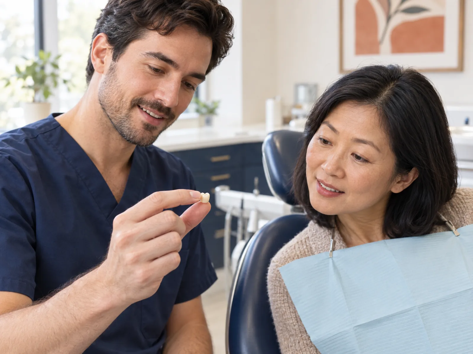 A dentist holds a small natural-looking dental crown between fingertips, showing it to a patient seated in the dental chair.