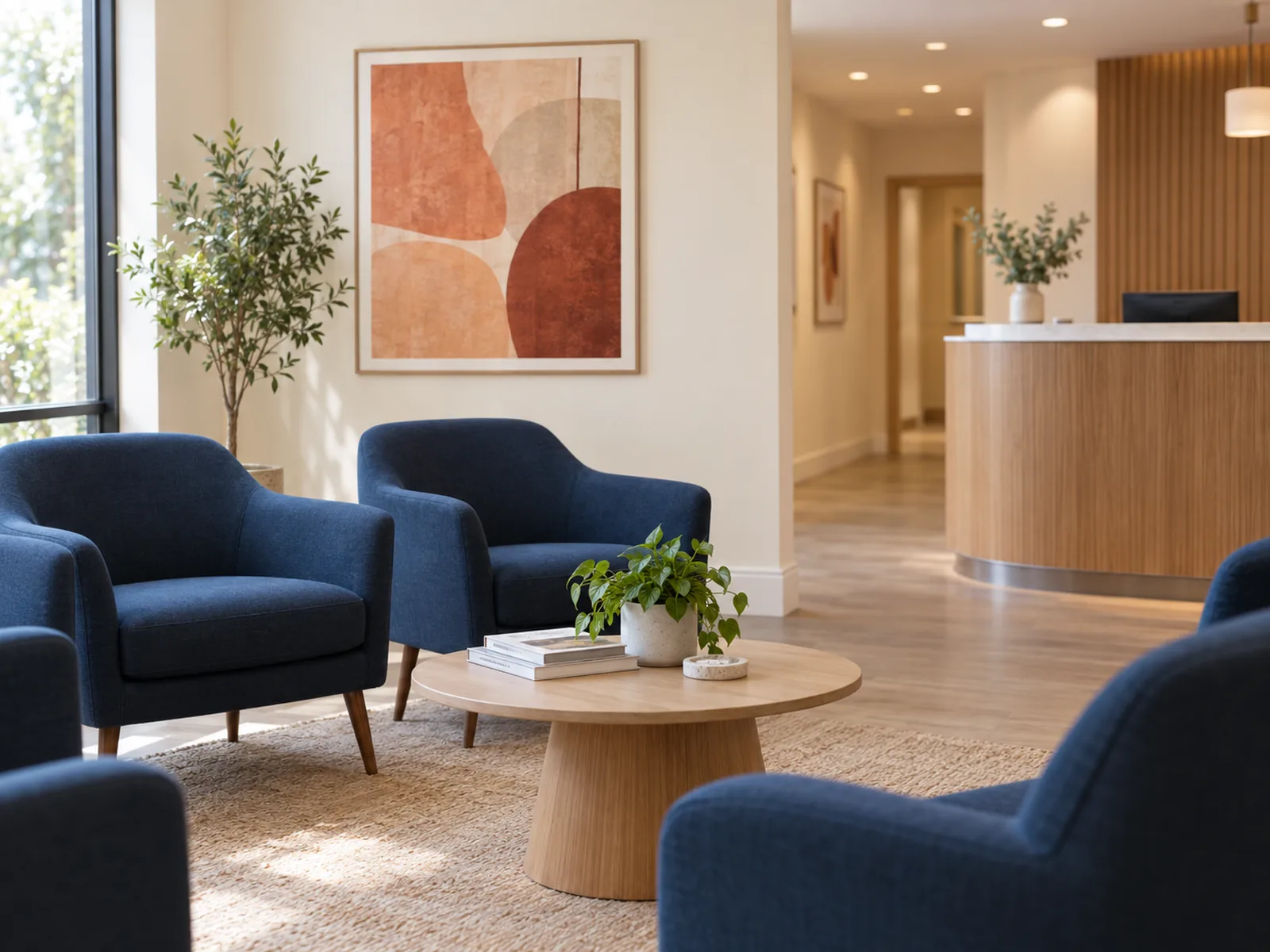 A calm, bright dental clinic waiting area with navy armchairs, warm wood tones, and a soft terracotta abstract art print.