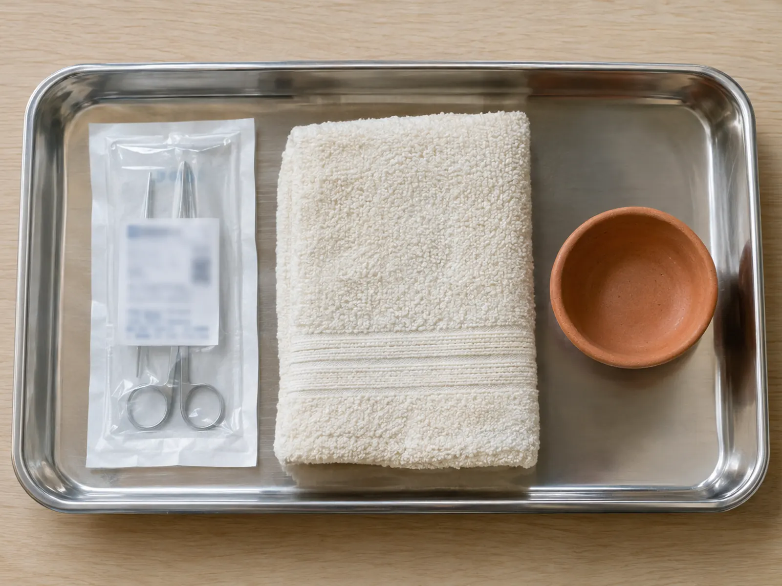 Photorealistic overhead flat lay on light wood of a sterile surgical tray — small sealed surgical pack (label blurred illegible), a warm cream cotton towel, a small terracotta ceramic bowl