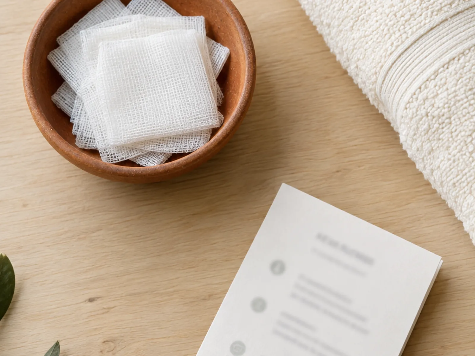 Photorealistic overhead flat lay on light wood — sterile gauze squares in a small terracotta ceramic dish, a warm cream cotton towel, a folded paper aftercare card (blurred illegible)