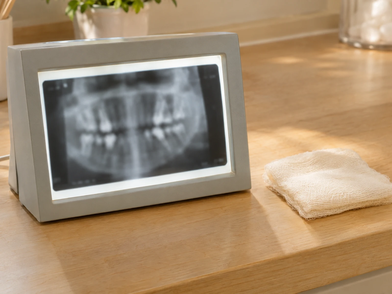 Photorealistic detail of a small dental radiograph viewer next to a warm cream folded gauze square on a light-wood counter, X-ray image details intentionally blurred/illegible